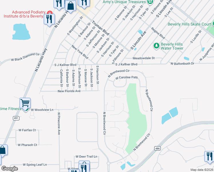 map of restaurants, bars, coffee shops, grocery stores, and more near 2398 North Brentwood Circle in Lecanto