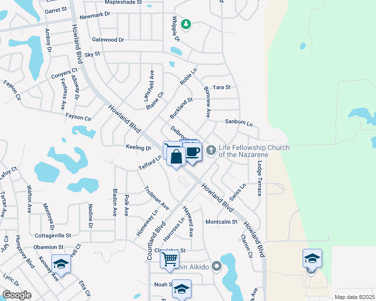map of restaurants, bars, coffee shops, grocery stores, and more near 1474 Thornhill Lane in Deltona