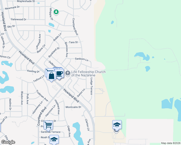map of restaurants, bars, coffee shops, grocery stores, and more near 1480 Lodge Terrace in Deltona