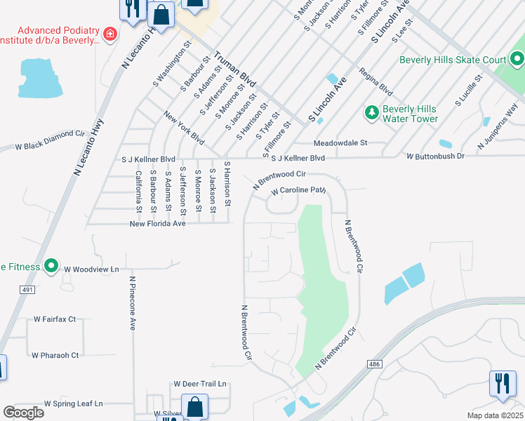 map of restaurants, bars, coffee shops, grocery stores, and more near 1875 West Angelica Loop in Lecanto