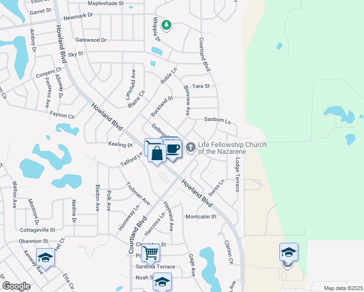 map of restaurants, bars, coffee shops, grocery stores, and more near 1495 Delbrook Drive in Deltona