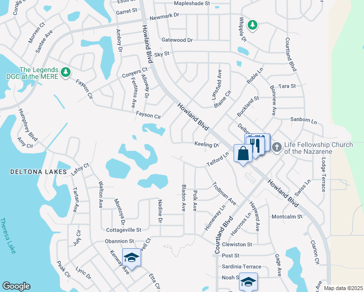 map of restaurants, bars, coffee shops, grocery stores, and more near 1487 Keeling Drive in Deltona