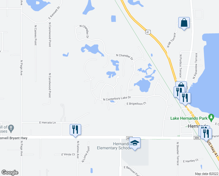 map of restaurants, bars, coffee shops, grocery stores, and more near 2898 North Folkestone Loop in Hernando