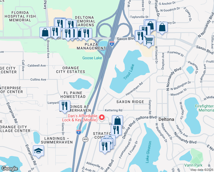 map of restaurants, bars, coffee shops, grocery stores, and more near 6 Florida Drive in Deltona