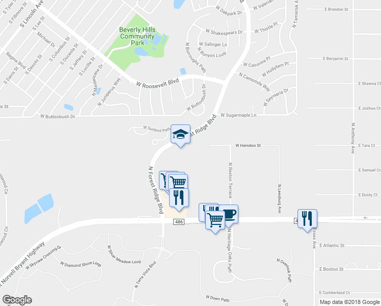 map of restaurants, bars, coffee shops, grocery stores, and more near 2927 North Forest Ridge Boulevard in Hernando