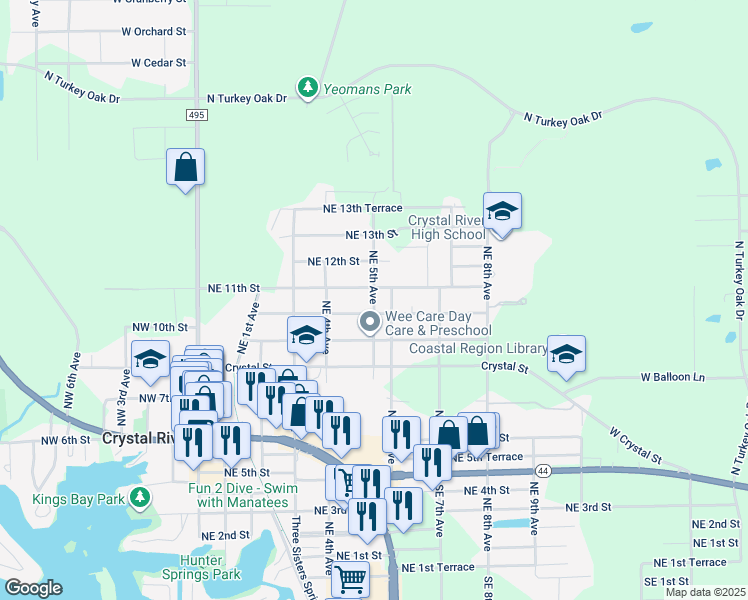 map of restaurants, bars, coffee shops, grocery stores, and more near 1027 Northeast 5th Avenue in Crystal River
