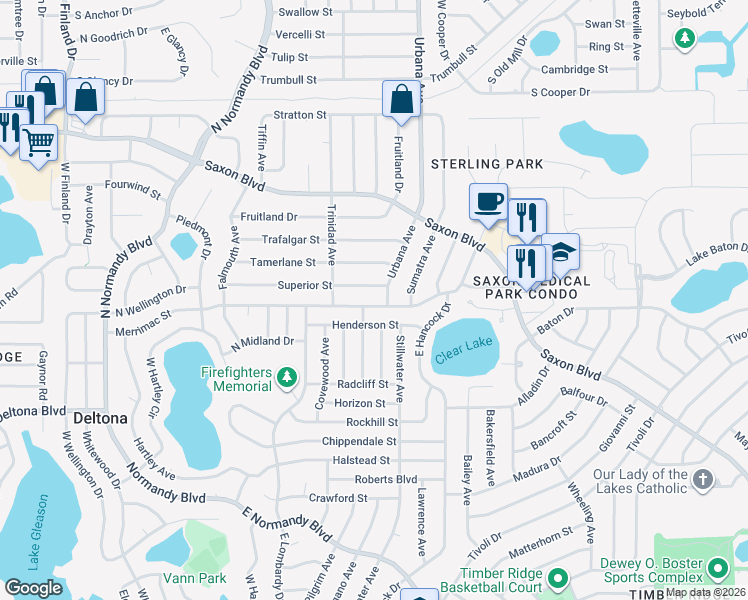 map of restaurants, bars, coffee shops, grocery stores, and more near 898 Merrimac Street in Deltona