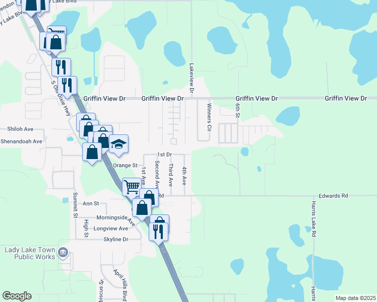 map of restaurants, bars, coffee shops, grocery stores, and more near 509 1st Drive in Lady Lake