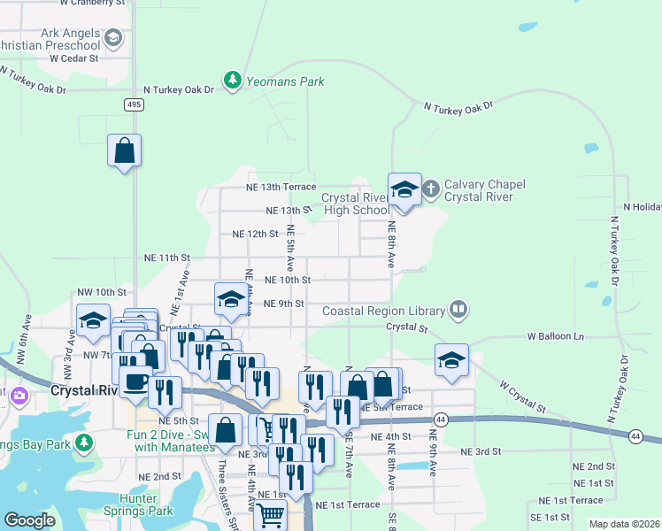 map of restaurants, bars, coffee shops, grocery stores, and more near 656 Northeast 11th Street in Crystal River