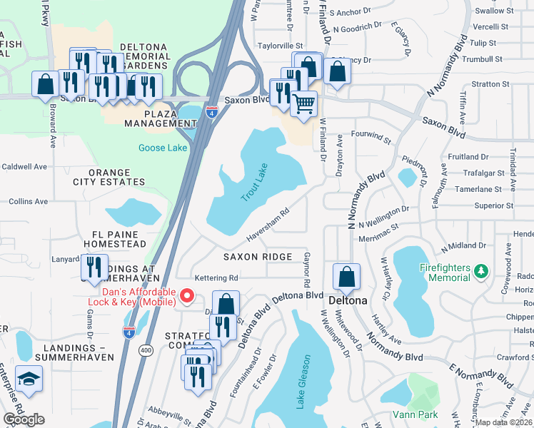 map of restaurants, bars, coffee shops, grocery stores, and more near 458 Haversham Road in Deltona