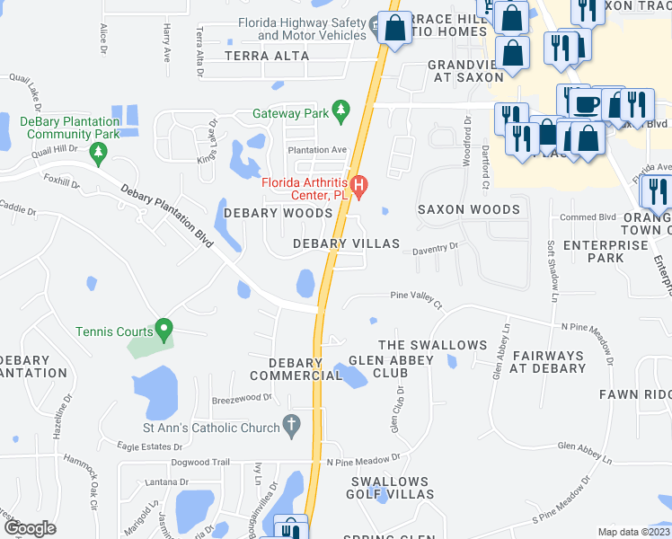 map of restaurants, bars, coffee shops, grocery stores, and more near 18 South Woodberry Drive in DeBary