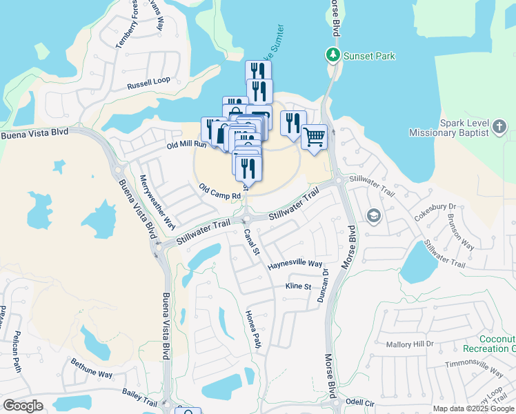 map of restaurants, bars, coffee shops, grocery stores, and more near 910 Old Camp Road in The Villages