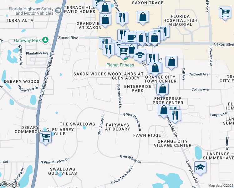 map of restaurants, bars, coffee shops, grocery stores, and more near 508 Soft Shadow Lane in DeBary