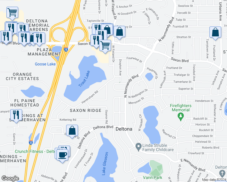 map of restaurants, bars, coffee shops, grocery stores, and more near 1506 West Floyd Circle in Deltona