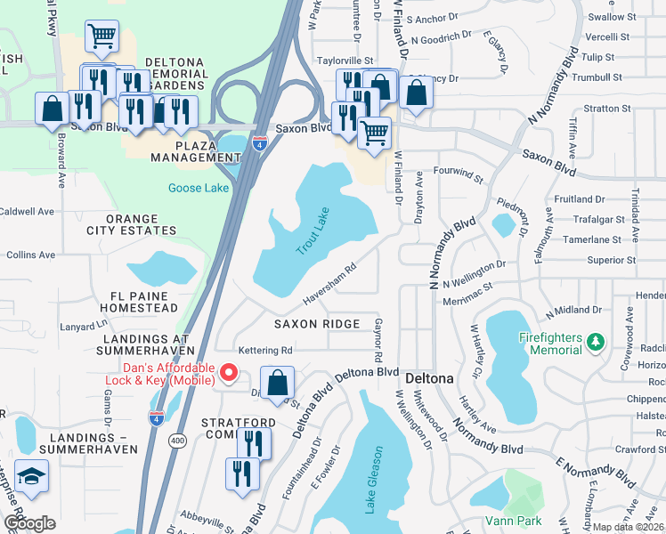 map of restaurants, bars, coffee shops, grocery stores, and more near 458 Haversham Road in Deltona