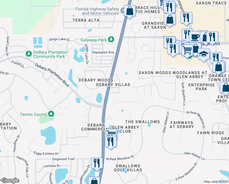 map of restaurants, bars, coffee shops, grocery stores, and more near 19 South Woodberry Drive in DeBary