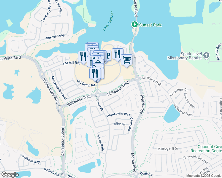 map of restaurants, bars, coffee shops, grocery stores, and more near 881 Moses Loop in The Villages