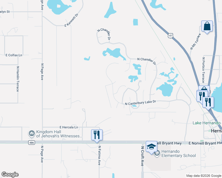 map of restaurants, bars, coffee shops, grocery stores, and more near 3200 North Canterbury Lake Drive in Hernando