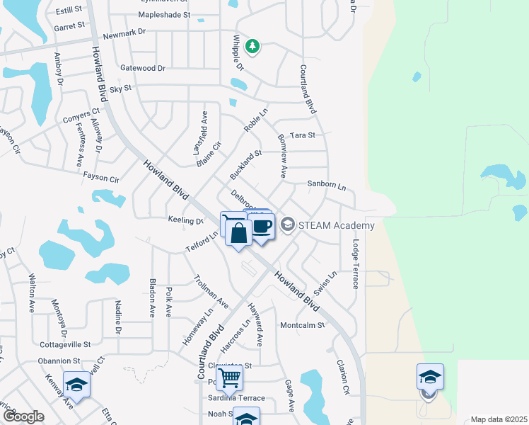 map of restaurants, bars, coffee shops, grocery stores, and more near 1495 Delbrook Drive in Deltona