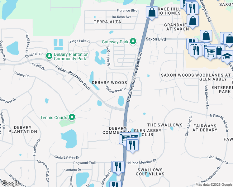 map of restaurants, bars, coffee shops, grocery stores, and more near 23 Hollow Pine Drive in DeBary