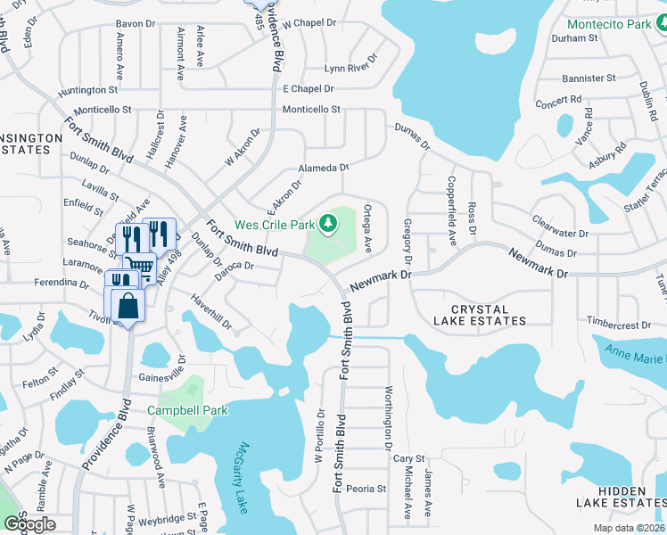 map of restaurants, bars, coffee shops, grocery stores, and more near 1890 South Merrick Drive in Deltona