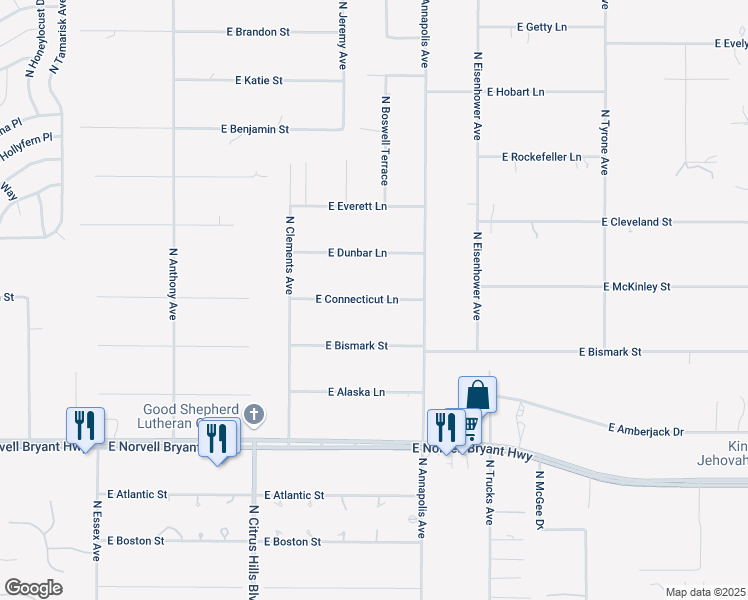 map of restaurants, bars, coffee shops, grocery stores, and more near 732 East Connecticut Lane in Hernando