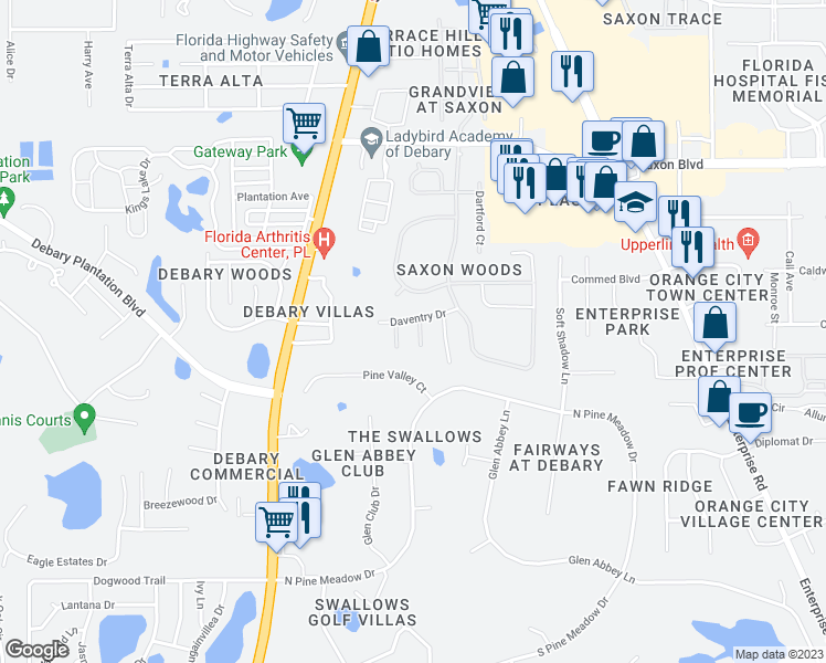 map of restaurants, bars, coffee shops, grocery stores, and more near 512 Fern Lake Terrace in DeBary