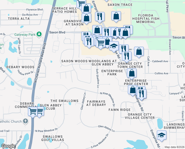 map of restaurants, bars, coffee shops, grocery stores, and more near 498 Woodford Drive in DeBary