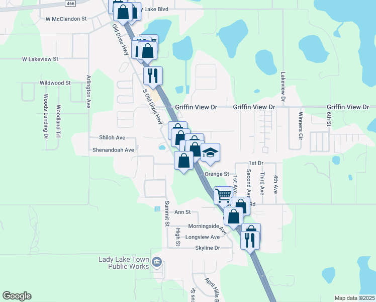 map of restaurants, bars, coffee shops, grocery stores, and more near 492 U.S. 441 in Lady Lake