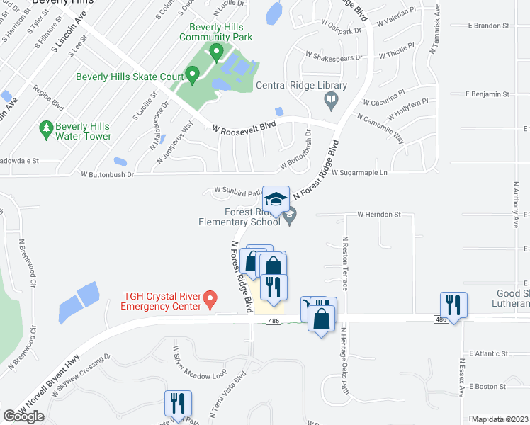map of restaurants, bars, coffee shops, grocery stores, and more near North Forest Ridge Boulevard in Hernando
