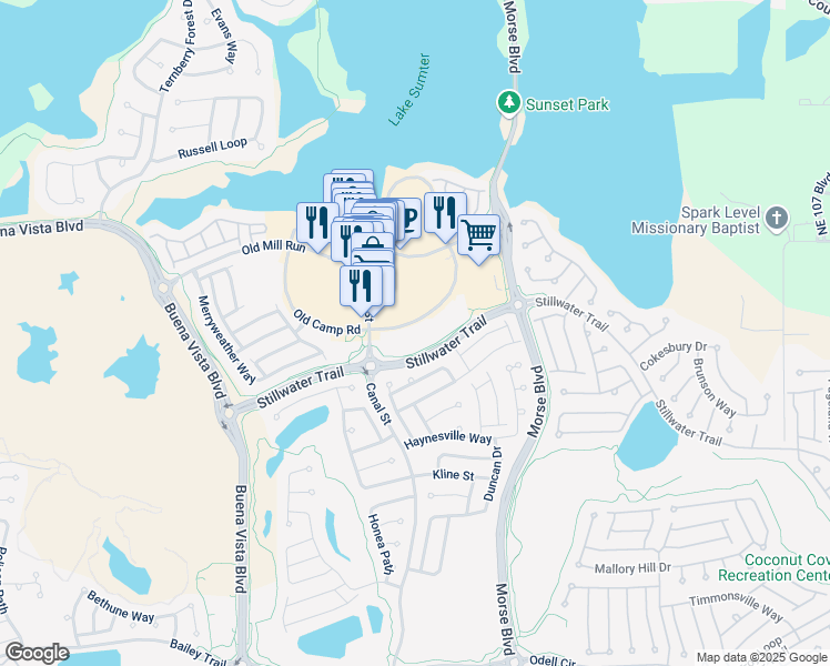 map of restaurants, bars, coffee shops, grocery stores, and more near 910 Old Camp Road in The Villages