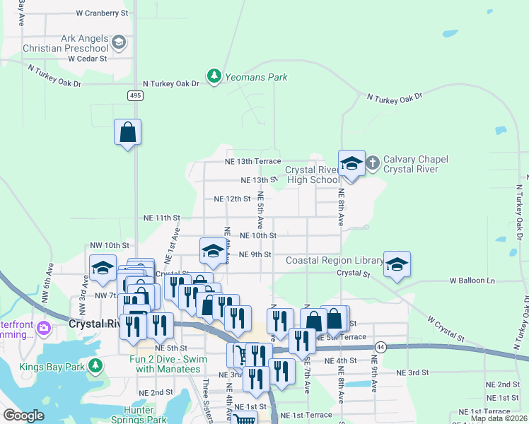 map of restaurants, bars, coffee shops, grocery stores, and more near 1027 Northeast 5th Avenue in Crystal River