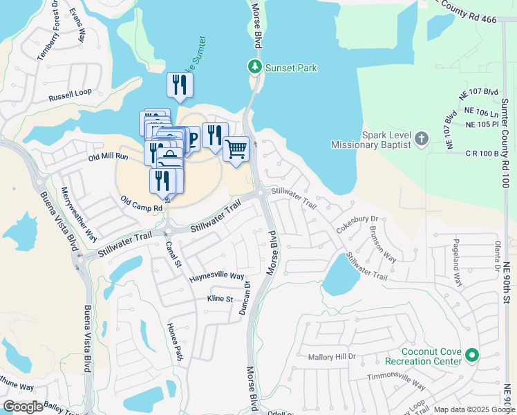 map of restaurants, bars, coffee shops, grocery stores, and more near 1119 Easley Way in The Villages