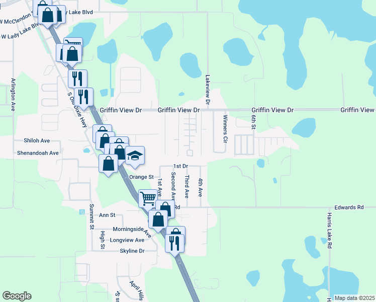 map of restaurants, bars, coffee shops, grocery stores, and more near 432 Alma Street in Lady Lake