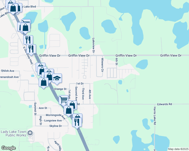 map of restaurants, bars, coffee shops, grocery stores, and more near 432 Winners Circle in Lady Lake