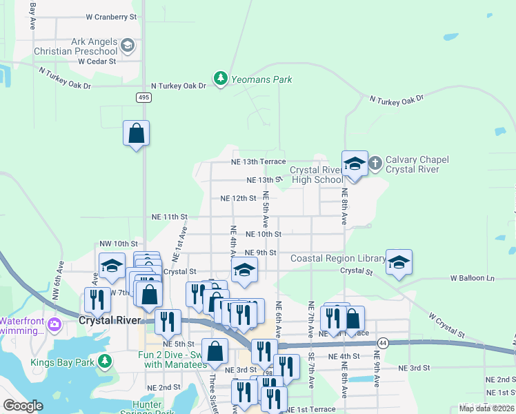 map of restaurants, bars, coffee shops, grocery stores, and more near 1201-1211 NE 5th Ave in Crystal River