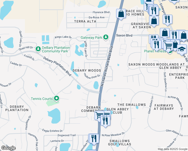 map of restaurants, bars, coffee shops, grocery stores, and more near 14 Hollow Pine Drive in DeBary