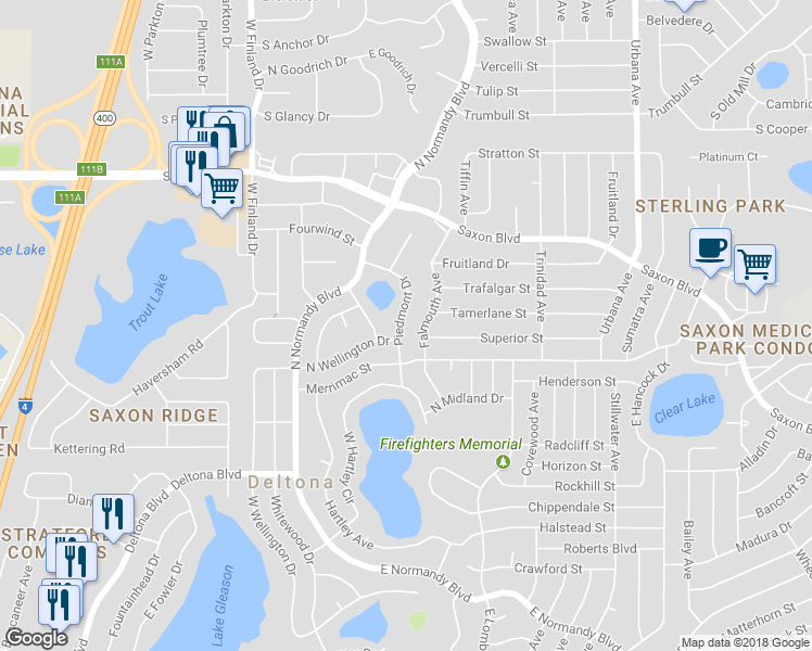 map of restaurants, bars, coffee shops, grocery stores, and more near 1527 Piedmont Drive in Deltona
