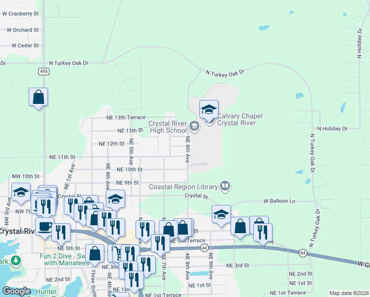 map of restaurants, bars, coffee shops, grocery stores, and more near 763 Northeast 12th Street in Crystal River
