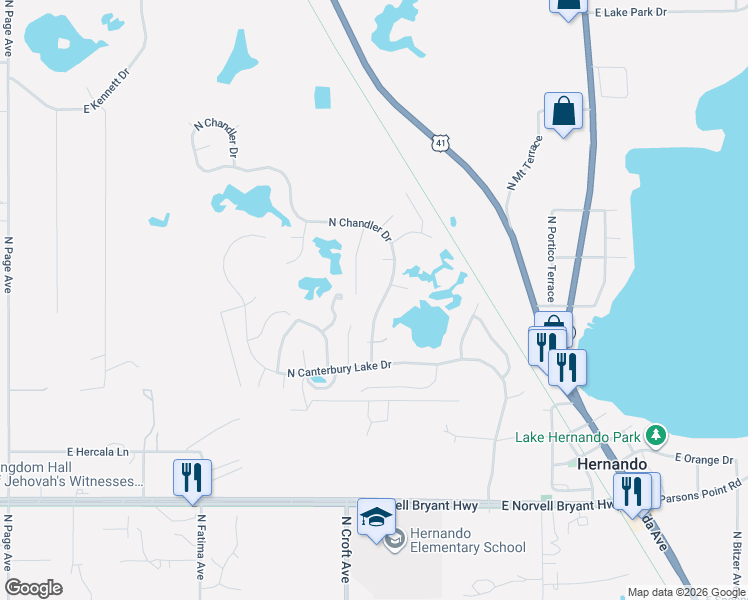 map of restaurants, bars, coffee shops, grocery stores, and more near 2980 North Chandler Drive in Hernando