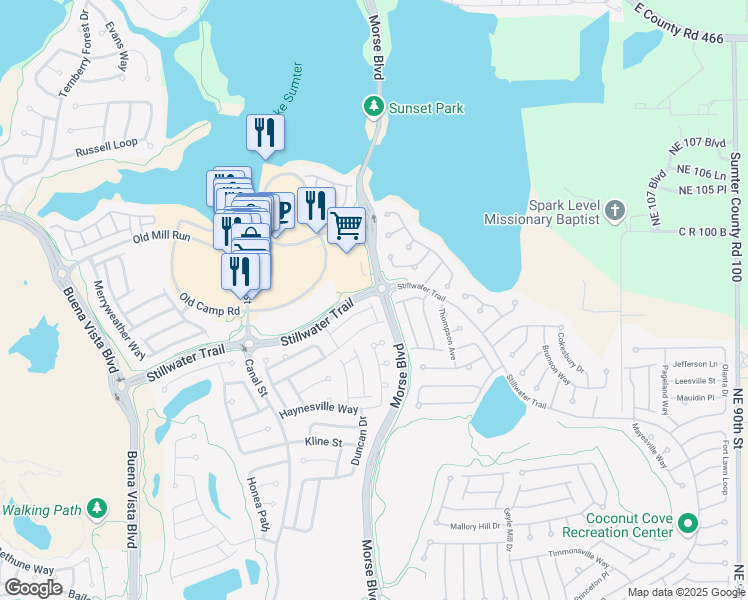 map of restaurants, bars, coffee shops, grocery stores, and more near 1119 Easley Way in The Villages