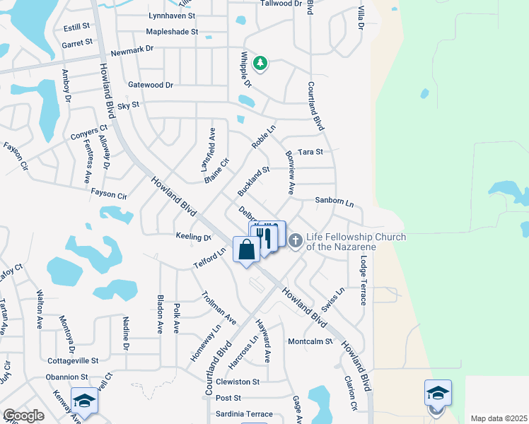 map of restaurants, bars, coffee shops, grocery stores, and more near 3261 Partridge Street in Deltona