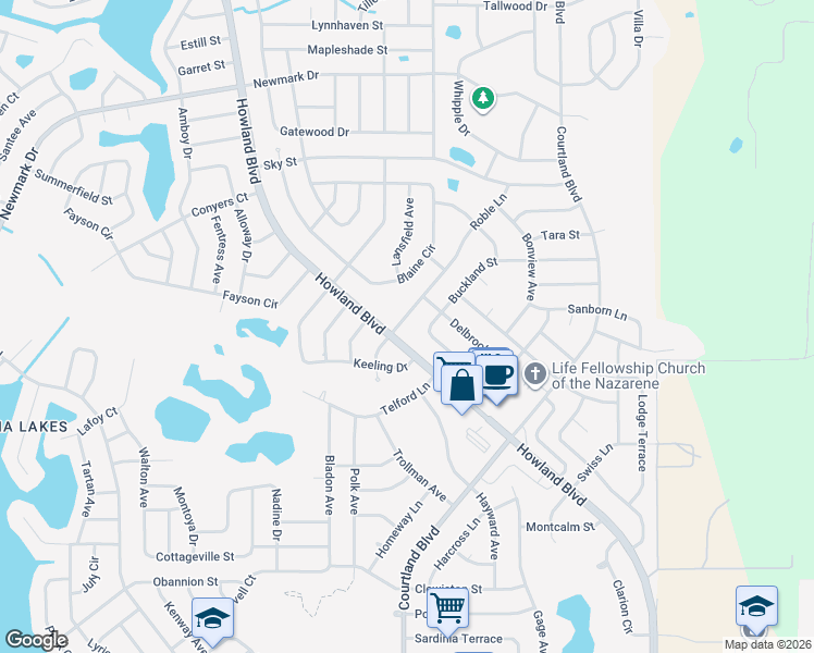 map of restaurants, bars, coffee shops, grocery stores, and more near 1509 Roble Lane in Deltona