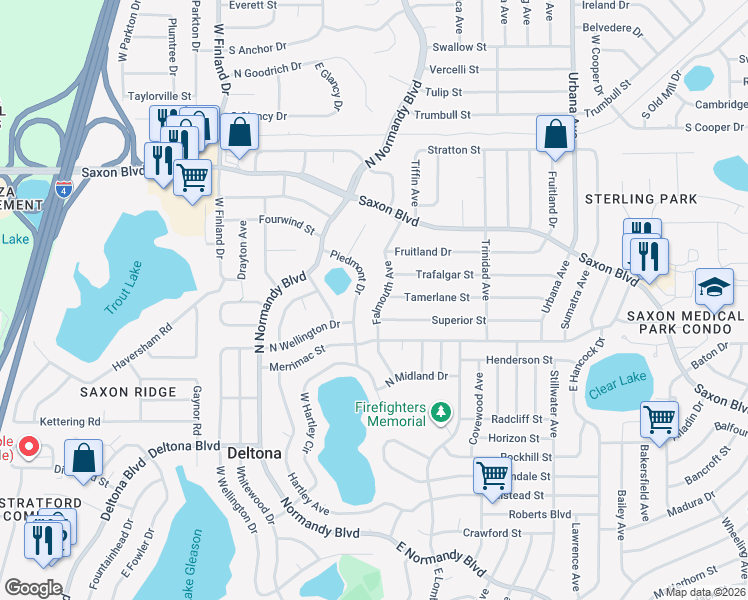 map of restaurants, bars, coffee shops, grocery stores, and more near 1566 Falmouth Avenue in Deltona