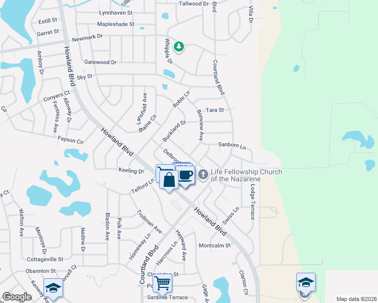 map of restaurants, bars, coffee shops, grocery stores, and more near 1517 Bonview Avenue in Deltona