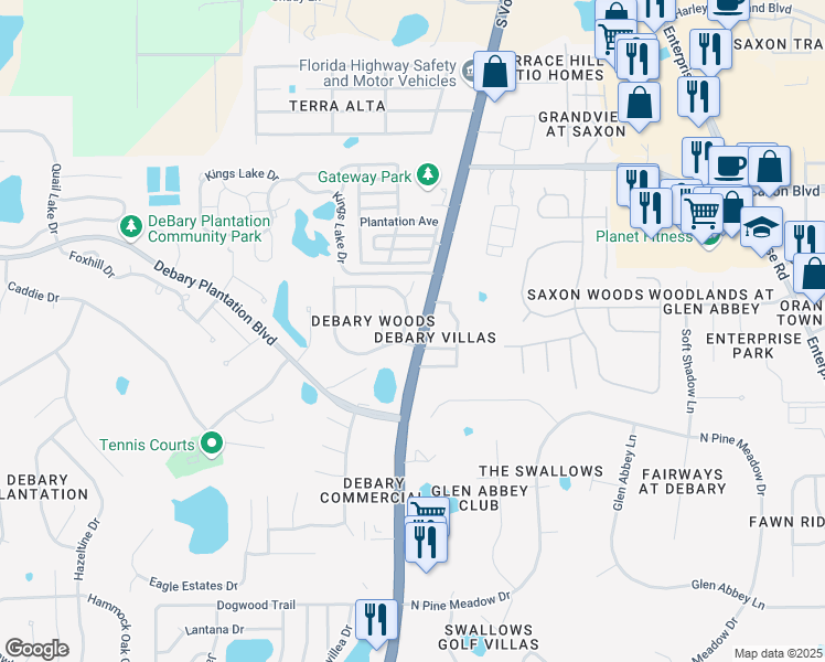 map of restaurants, bars, coffee shops, grocery stores, and more near 113 Needlewood Loop in DeBary