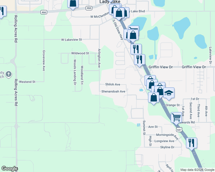 map of restaurants, bars, coffee shops, grocery stores, and more near 134 Shiloh Avenue in Lady Lake
