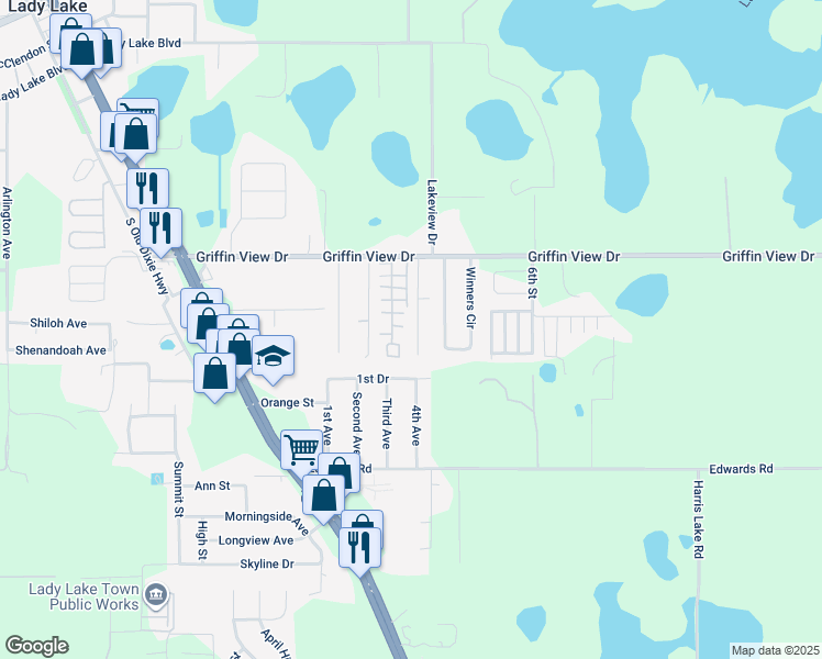 map of restaurants, bars, coffee shops, grocery stores, and more near 432 Alma Street in Lady Lake