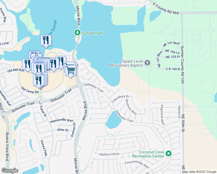 map of restaurants, bars, coffee shops, grocery stores, and more near 633 Quinby Way in The Villages