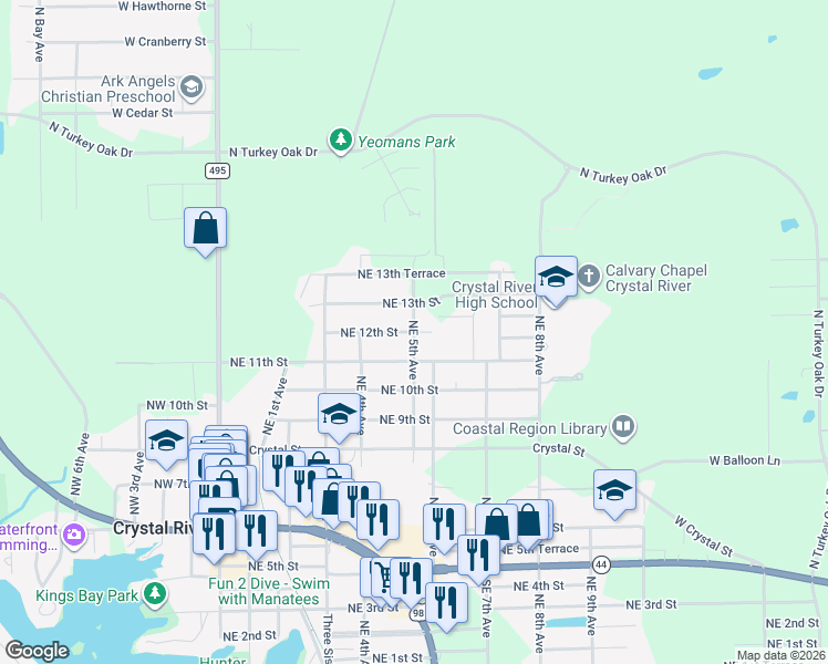 map of restaurants, bars, coffee shops, grocery stores, and more near 1201 Northeast 5th Avenue in Crystal River